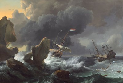 Schepen in nood bij een rotsachtige kust door Ludolf I Backhuysen