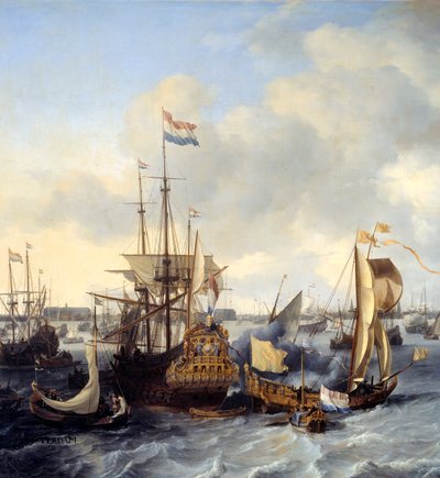 Uitzicht op de haven van Amsterdam vanaf het IJ (detail). Schilderij door Ludolf Backhuyzen (1631-1708) 1666 Sun. 1,28x2,21 m door Ludolf I Backhuysen