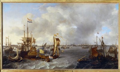 De haven van Amsterdam gezien vanaf de Ijssel ... door Ludolf I Backhuyzen