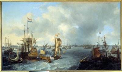 Uitzicht op de haven van Amsterdam vanaf het IJ door Ludolf I Backhuyzen