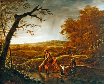 Jagers rustend met een paard en honden bij een stroom door Ludolf de Jongh