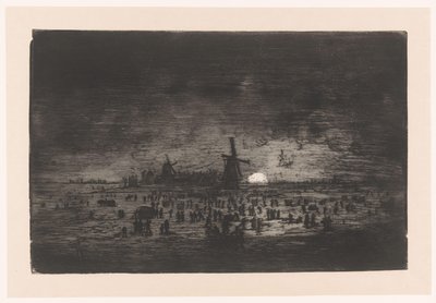 Hollands winterlandschap met molens en schaatsers door Ludovic Napoléon Lepic