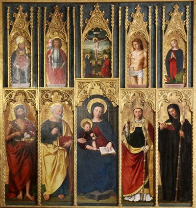 Altaarstuk, 10 schilderijen: Maagd en kind tussen Sint-Jan de Doper en Sint-Pieter, Een bisschop en abt, Christus aan het kruis tussen Sint-Jan en de Maagd, Sint-Maarten en Sint-Victor, Sint-Sebastiaan en Sint-Margareta. door Ludovico Brea