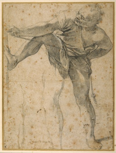 Man die aan een touw trekt, zijn linkerbeen een tweede keer geoefend (zwart krijt op papier) door Ludovico Carracci