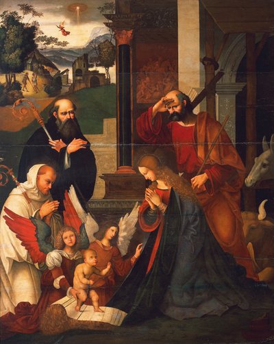 Geboorte met St. Bernardus en St. Alberico, ca. 1505-1510, door Ludovico Mazzolino (ca. 1480-ca. 1530) door Ludovico Mazzolino