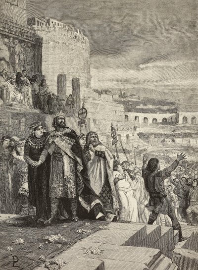 Huwelijk van Ugo en Marozia, huwelijksstoet in aanwezigheid van de paus, gravure door E Mancastroppa naar een schilderij van Lodovico Pogliaghi, uit L
