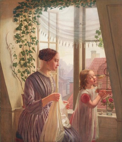 Interieur met moeder en dochter bij een raam, 1853 door Ludvig August Smith