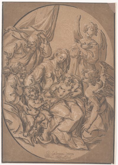 De Heilige Familie met de jonge St. Johannes, in een ovaal, c.1623 door Ludwig Businck