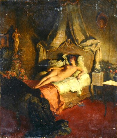 Naakt op een Rood Bed door Ludwig Deutsch