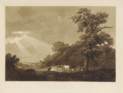 Heuvelachtig landschap met een kudde dieren door Ludwig Gottlieb Portman