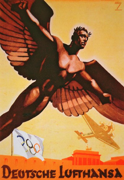 Poster die vluchten naar Berlijn adverteert met Duitse Lufthansa door Ludwig Hohlwein