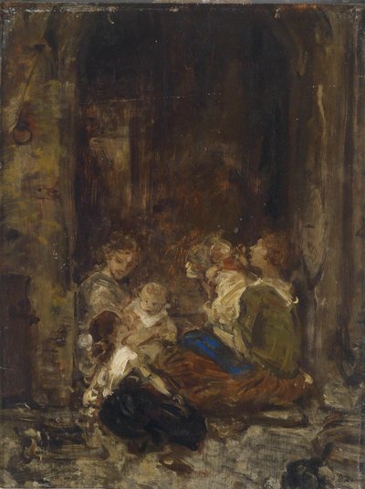 Moeder met kinderen, studie, onleesbaar gesigneerd, achterzijde nalatenschapsstempel L. Knaus nalatenschap door Ludwig Knaus