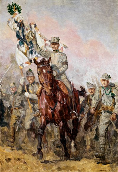 Het tweede Tiroler Kaiserjaeger regiment met zijn commandant Kol ... door Ludwig Koch