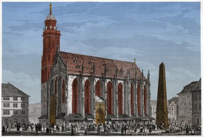 Kapel van St. Mary in Würzburg, voor Marche Square en de Obelisk, Duitsland. ca 1850 (Gravure) door Ludwig Lange