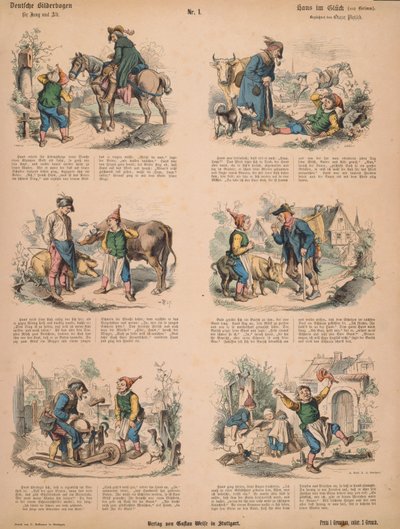 Hans in Geluk (naar de Gebroeders Grimm), no.213 van Muenchener Bilderbogen uitgegeven door Braun & Schneider, München, 1880 door Ludwig Voltz