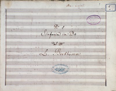Eerste pagina van de bladmuziek voor Symfonie nr. 1 in C majeur opus 21, door Ludwig van Beethoven door Ludwig van Beethoven