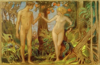 Adam en Eva bij de boom van kennis door Ludwig von Hofmann