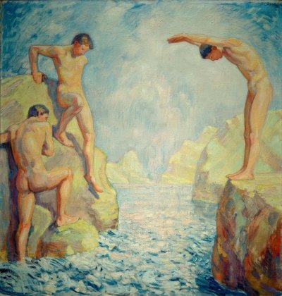 Rotsachtige kust met jongemannen door Ludwig von Hofmann