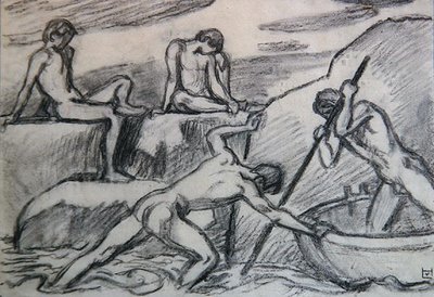 Naakte schipper en jongeren aan een groene oever door Ludwig von Hofmann