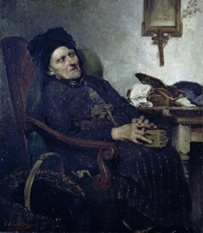 Oude vrouw in interieur door Ludwig von Löfftz