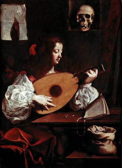 De luitspeler. Bij de partituur liggen twee ringen, een speld en een schedel (vanitas) op een standaard. Schilderij door Luigi Miradori, bekend als Il Genovesino (1600/10-1655/57) 17e eeuw. Galleria di Palazzo Rosso, Genua, Italië door Luigi Miradori