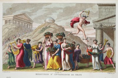 Mercurius wordt verliefd op Herse, illustratie uit Ovidius