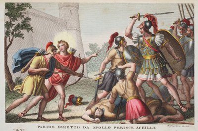 Parijs Doodt Achilles of Paride diretto da Apollo Ferince Achille, Boek XIII, illustratie uit Ovidius