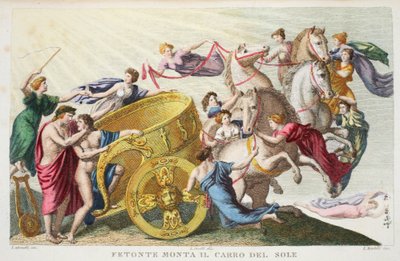 Phaëton bestuurt de wagen van de zon, Boek II, illustratie uit Ovidius