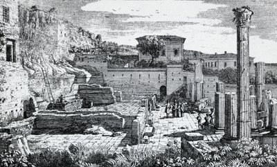 Ruïnes van de Tempel van Vespasianus in Brescia, gravure door Louis Basiletti, Italië door Luigi Basiletti