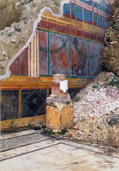 Huis van de Zilveren Bruiloft, beschadigd fresco van guirlandes, zoals gezien tijdens opgraving, Pompeii, 1897 door Luigi Bazzani