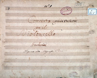 Eerste pagina ondertekend door de auteur van de partituur van Concerto voor cello en orkest in Es, door Luigi Boccherini door Luigi Boccherini