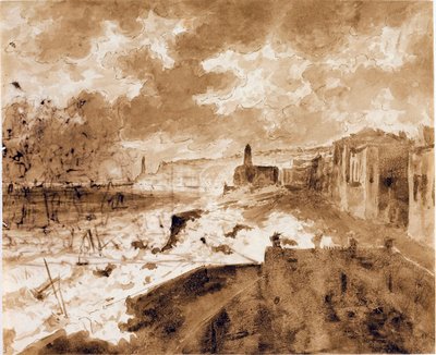 Kust in Genua, tijdens de springvloed van 1821 door Luigi Garibbo