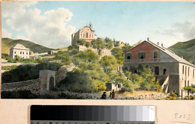Zicht op de heuvel en kerk van Oregina, Genua door Luigi Garibbo