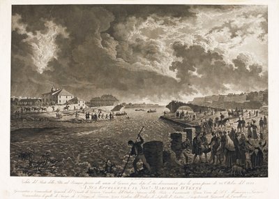 Zicht op de Pila-brug in Genua, na de overstroming van de Bisagno-stroom op 26/10/1822 (ets, ca. 1822) door Luigi Garibbo