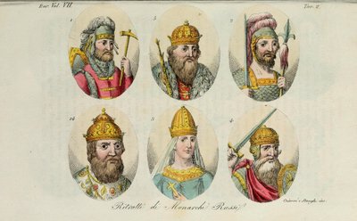 1. Rurik 2. Igor van Kiev 3. Olga 4. Sviatoslav 5. Vladimir de Grote 14. Ivan IV uit Il costume antico door Giulio Ferrario door Luigi Giarrè