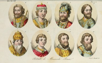 6. Jaroslav 7. Sviatoslav II 8. Sviatopolk 9. Vladimir Monomakh 10. Yuri I 11. Ivan II 12. Dmitry Donskoy 13. Ivan III, 1831 door Luigi Giarrè