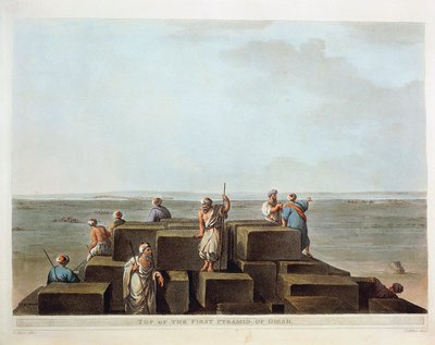 Egypte, Top van eerste piramide van Gizeh, gravure uit "Views" van Luigi Mayer door Luigi Mayer