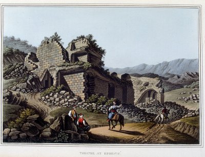 Theater in ruïnes in Efeze, vroeger oude stad van Griekenland, nu in Turkije. in “Views in the Ottoman Dominions, in Europe, in Asia, and some of the Mediterranean islands” van de originele tekeningen gemaakt door Luigi Mayer, Londen door Luigi Mayer