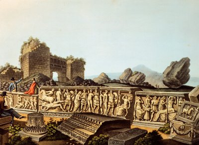 Turkije, Efeze, Europese bezoekers bekijken marmeren reliëfs, door Luigi Mayer, gravure door Luigi Mayer
