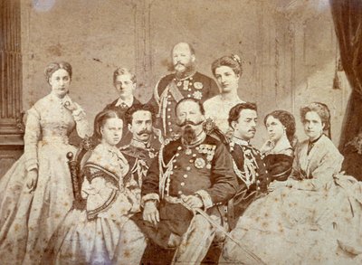 Het schilderij toont verschillende leden van de koninklijke familie van Savoye. In het midden, zittend, Victor Emmanuel II, Umberto I en Amedeo in vol ornaat; de dochters van de soeverein en Elisabetta van Saksen in elegante kleding. door Luigi Montabone