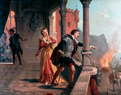 Illustratie voor Manrico aria, Di quella pira Act III, in Il trovatore, opera van Giuseppe Verdi door Luigi Morgari