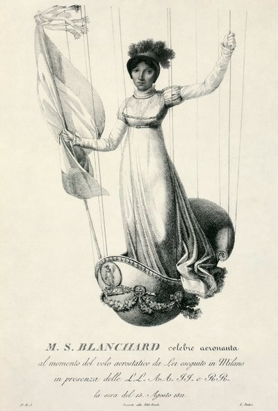 Portret van de Franse ballonvaarder Sophie Blanchard tijdens haar vlucht in Milaan, Italië, 1811 door Luigi Rados