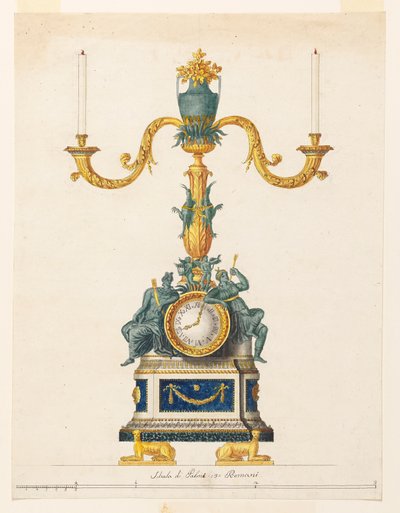 Ontwerp voor een kandelaar met een klok door Luigi Righetti