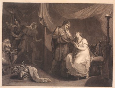 Troilus betrapt Cressida en Diomedes. Uit William Shakespeares "Troilus en Cressida", 5e akte, 2e scène door Luigi Schiavonetti