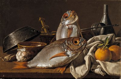 Stilleven met brasem, sinaasappels, knoflook en keukengerei door Luis Egidio Melendez