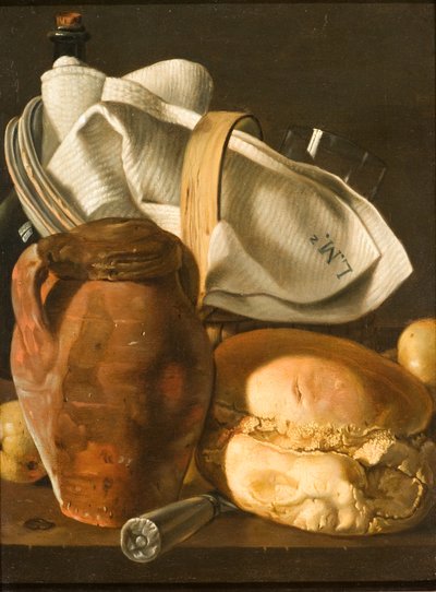 Stilleven met brood, een kruik en een servet, na circa 1830 door Luis Egidio Melendez