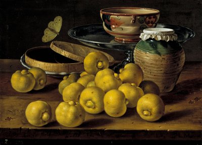 Stilleven met limoenen, jampot en vlinder door Luis Egidio Melendez