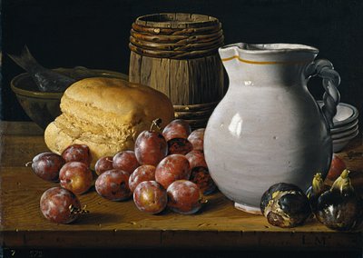 Stilleven met pruimen, vijgen, brood en kruik door Luis Egidio Melendez