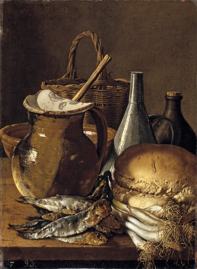 Stilleven met haringen, lente-uitjes, brood en keukengerei door Luis Egidio Melendez