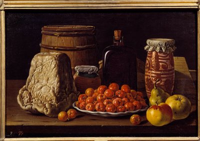 Kaas, fruit en recipiënt door Luis Egidio Menendez or Melendez